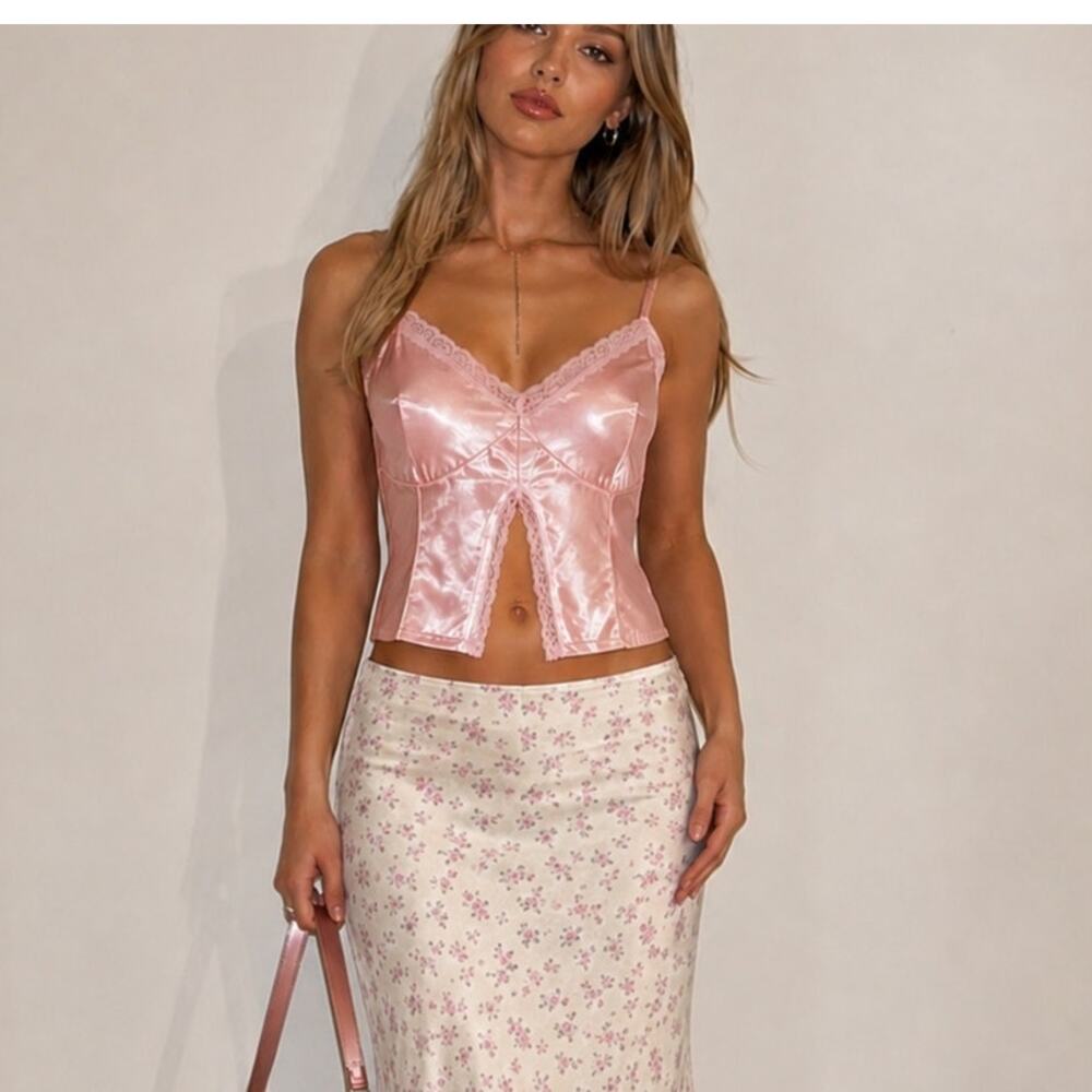 Pink Satin Lace Trim Cami Top Fairy Tee Cropped Babydoll Going Out Y2K Medium